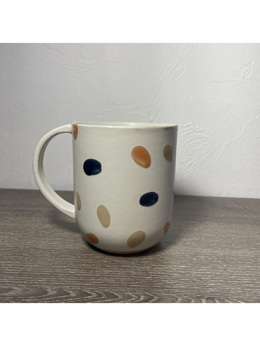 West Elm Polka Dot Spot Coffee Mug Cup Stoneware Cream Blue Copper Colors